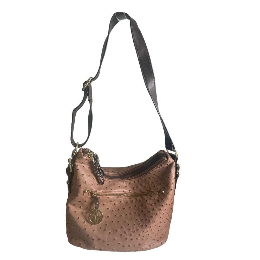 Giani Bernini Ostrich Texture Hobo Slouchy Shoulder Bag Vegan Leather Purse Gold